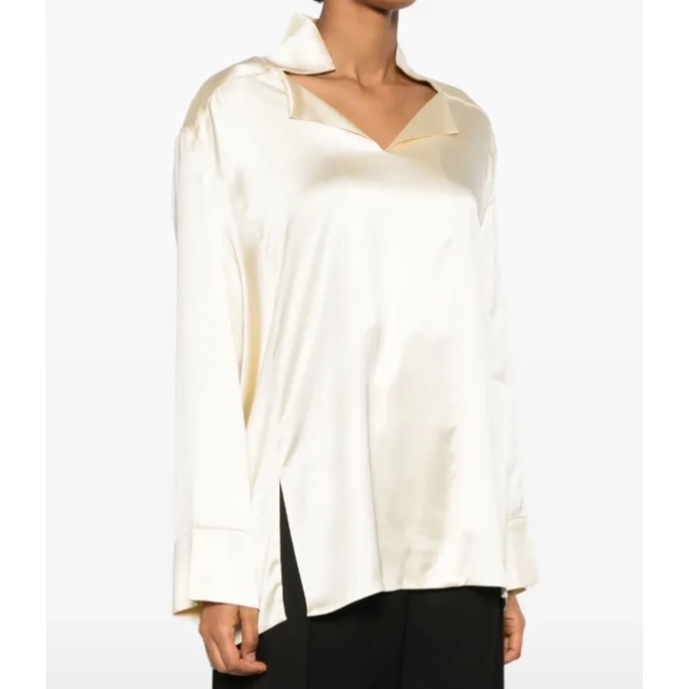 Bevza Satin Stand Collar Blouse Cream Off White Long Sleeve Luxury Shirt Top